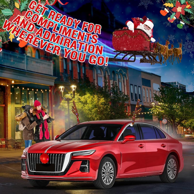 Angooni Charming Christmas Car Decoration, Festive Reindeer Car Kit, Reindeer Antlers & Nose, Christmas Lights for Cars, Nice Gift for Families & Friends, Suitable for Jeeps, Trucks, Golf Carts... - Image 5